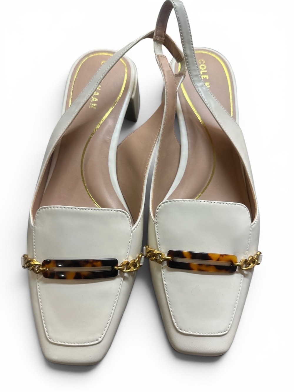 Cole Haan Cream Slingback Loafers with Tortoiseshell Bar and Gold Chain